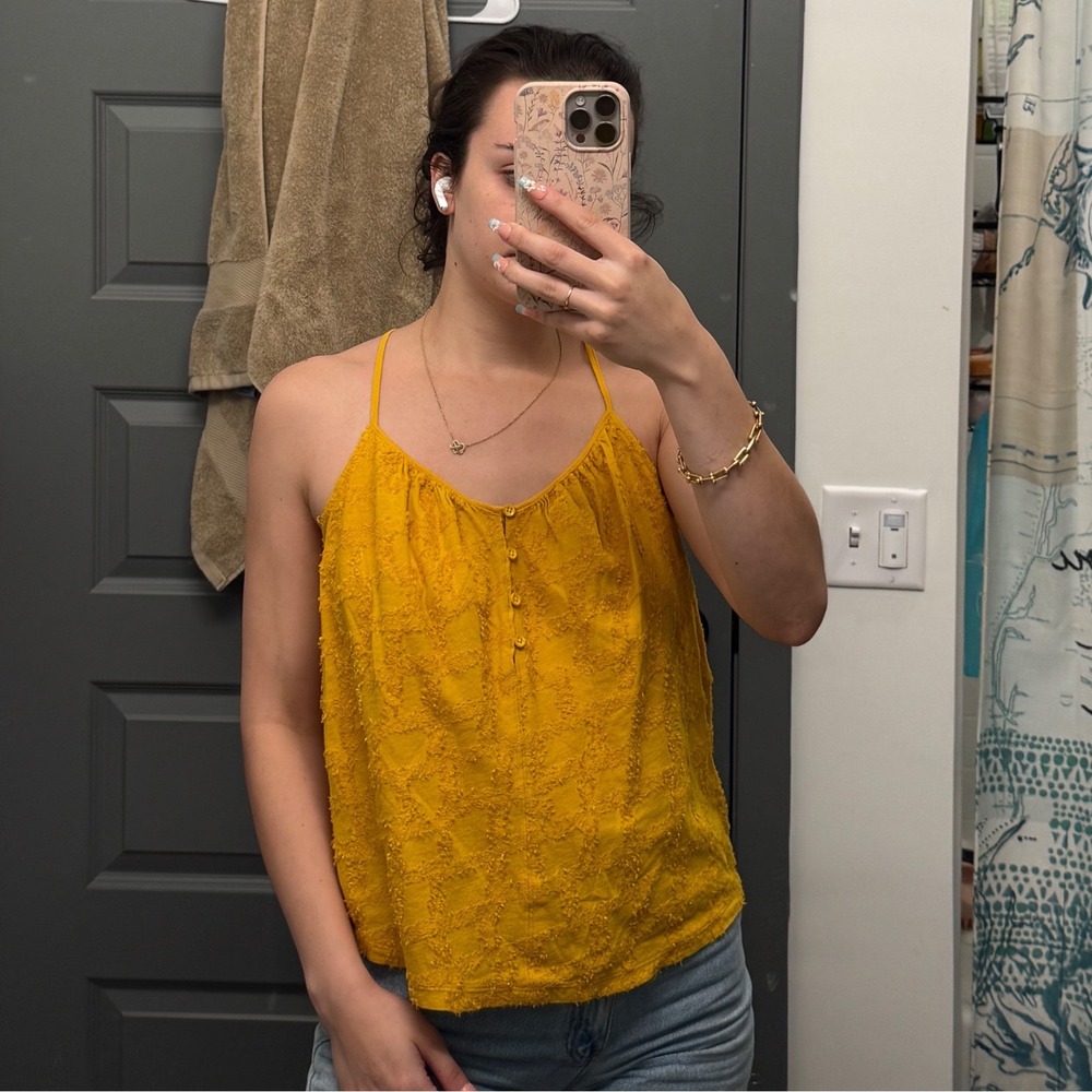Anthropologie Yellow Eyelash Textured Cami Tank Top Boho Button Front Small